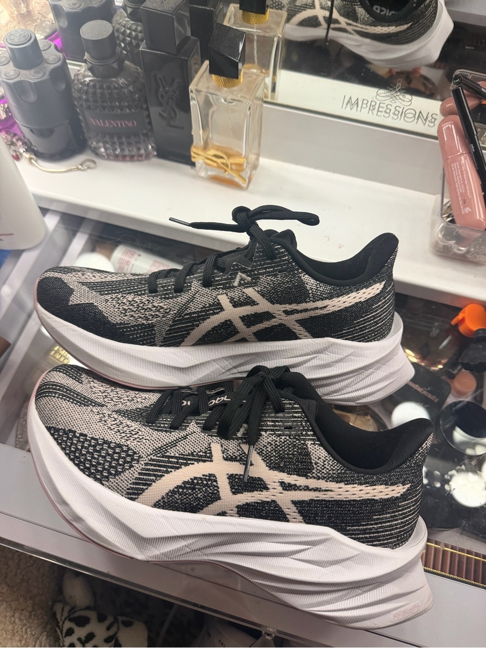 Asics Black and Cream Women's Athletic Running Shoes